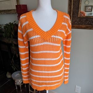 NEW Talbots Womens XS Open Knit Striped Sweater Orange White Stripe Long Sleeve